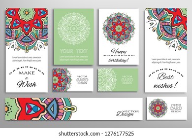 Big set of greeting Cards or wedding Invitations. Postcards template with inscription Make a Wish, Best Wishes, Happy Birthday. Banner, business cards with mandala ornament. Isolated design elements