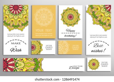 Big set of greeting Cards or wedding Invitations. Postcards template with inscription Make a Wish, Best Wishes, Happy Birthday. Banner, business cards with mandala ornament. Isolated design elements