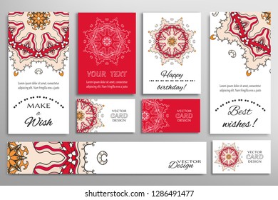 Big set of greeting Cards or wedding Invitations. Postcards template with inscription Make a Wish, Best Wishes, Happy Birthday. Banner, business cards with mandala ornament. Isolated design elements