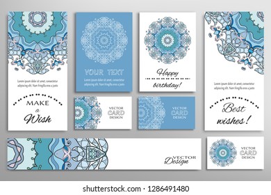 Grande conjunto de cartões de saudação ou convites de casamento. Postcards modelo com inscrição Faça um Desejo, Melhores Desejos, Feliz aniversário. Banner, cartões de visita com ornamento mandala. Elementos de design isolados