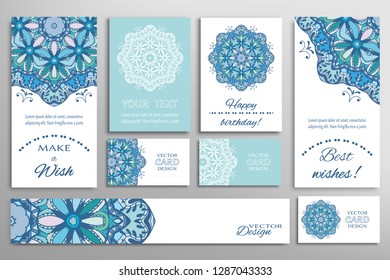 Big set of greeting Cards or wedding Invitations. Postcards template with inscription Make a Wish, Best Wishes, Happy Birthday. Banner, business cards with mandala ornament. Isolated design elements