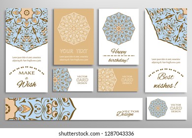 Big set of greeting Cards or wedding Invitations. Postcards template with inscription Make a Wish, Best Wishes, Happy Birthday. Banner, business cards with mandala ornament. Isolated design elements