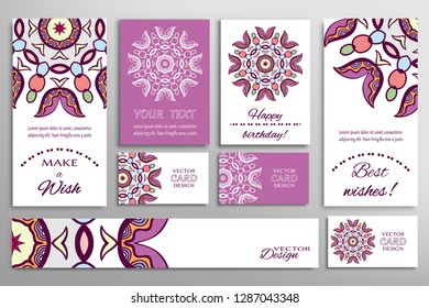 Big set of greeting Cards or wedding Invitations. Postcards template with inscription Make a Wish, Best Wishes, Happy Birthday. Banner, business cards with mandala ornament. Isolated design elements