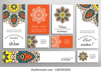 Big set of greeting Cards or wedding Invitations. Postcards template with inscription Make a Wish, Best Wishes, Happy Birthday. Banner, business cards with mandala ornament. Isolated design elements