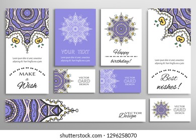 Big set of greeting Cards or wedding Invitations. Postcards template with inscription Make a Wish, Best Wishes, Happy Birthday. Banner, business cards with mandala ornament. Isolated design elements