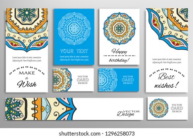 Big set of greeting Cards or wedding Invitations. Postcards template with inscription Make a Wish, Best Wishes, Happy Birthday. Banner, business cards with mandala ornament. Isolated design elements