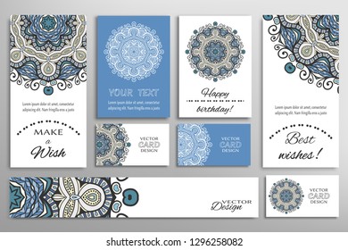 Big set of greeting Cards or wedding Invitations. Postcards template with inscription Make a Wish, Best Wishes, Happy Birthday. Banner, business cards with mandala ornament. Isolated design elements