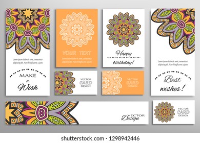 Big set of greeting Cards or wedding Invitations. Postcards template with inscription Make a Wish, Best Wishes, Happy Birthday. Banner, business cards with mandala ornament. Isolated design elements