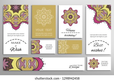 Big set of greeting Cards or wedding Invitations. Postcards template with inscription Make a Wish, Best Wishes, Happy Birthday. Banner, business cards with mandala ornament. Isolated design elements