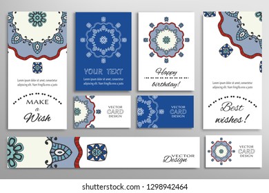 Big set of greeting Cards or wedding Invitations. Postcards template with inscription Make a Wish, Best Wishes, Happy Birthday. Banner, business cards with mandala ornament. Isolated design elements