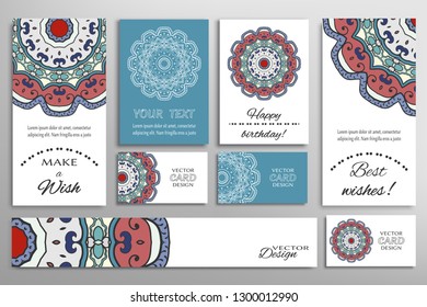 Big set of greeting Cards or wedding Invitations. Postcards template with inscription Make a Wish, Best Wishes, Happy Birthday. Banner, business cards with mandala ornament. Isolated design elements