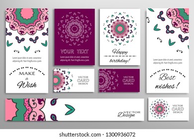 Big set of greeting Cards or wedding Invitations. Postcards template with inscription Make a Wish, Best Wishes, Happy Birthday. Banner, business cards with mandala ornament. Isolated design elements