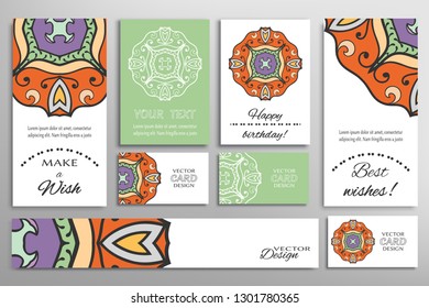 Big set of greeting Cards or wedding Invitations. Postcards template with inscription Make a Wish, Best Wishes, Happy Birthday. Banner, business cards with mandala ornament. Isolated design elements