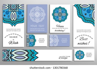 Big set of greeting Cards or wedding Invitations. Postcards template with inscription Make a Wish, Best Wishes, Happy Birthday. Banner, business cards with mandala ornament. Isolated design elements
