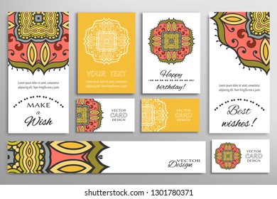 Big set of greeting Cards or wedding Invitations. Postcards template with inscription Make a Wish, Best Wishes, Happy Birthday. Banner, business cards with mandala ornament. Isolated design elements
