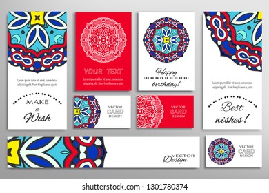 Big set of greeting Cards or wedding Invitations. Postcards template with inscription Make a Wish, Best Wishes, Happy Birthday. Banner, business cards with mandala ornament. Isolated design elements