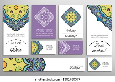 Big set of greeting Cards or wedding Invitations. Postcards template with inscription Make a Wish, Best Wishes, Happy Birthday. Banner, business cards with mandala ornament. Isolated design elements