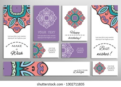 Big set of greeting Cards or wedding Invitations. Postcards template with inscription Make a Wish, Best Wishes, Happy Birthday. Banner, business cards with mandala ornament. Isolated design elements