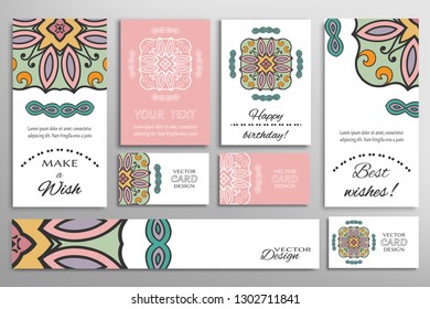 Big set of greeting Cards or wedding Invitations. Postcards template with inscription Make a Wish, Best Wishes, Happy Birthday. Banner, business cards with mandala ornament. Isolated design elements