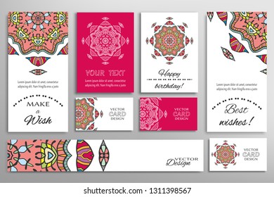 Big set of greeting Cards or wedding Invitations. Postcards template with inscription Make a Wish, Best Wishes, Happy Birthday. Banner, business cards with mandala ornament. Isolated design elements