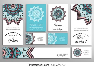 Big set of greeting Cards or wedding Invitations. Postcards template with inscription Make a Wish, Best Wishes, Happy Birthday. Banner, business cards with mandala ornament. Isolated design elements