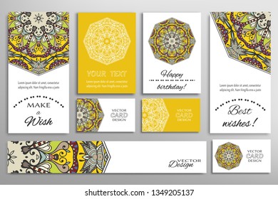 Big set of greeting Cards or wedding Invitations. Postcards template with inscription Make a Wish, Best Wishes, Happy Birthday. Banner, business cards with mandala ornament. Isolated design elements