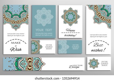 Big set of greeting Cards or wedding Invitations. Postcards template with inscription Make a Wish, Best Wishes, Happy Birthday. Banner, business cards with mandala ornament. Isolated design elements