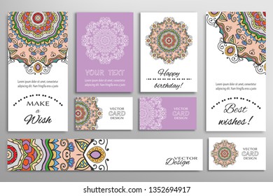 Big set of greeting Cards or wedding Invitations. Postcards template with inscription Make a Wish, Best Wishes, Happy Birthday. Banner, business cards with mandala ornament. Isolated design elements