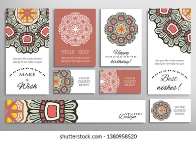 Big set of greeting Cards or wedding Invitations. Postcards template with inscription Make a Wish, Best Wishes, Happy Birthday. Banner, business cards with mandala ornament. Isolated design elements