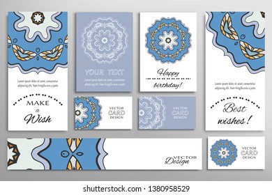 Big set of greeting Cards or wedding Invitations. Postcards template with inscription Make a Wish, Best Wishes, Happy Birthday. Banner, business cards with mandala ornament. Isolated design elements