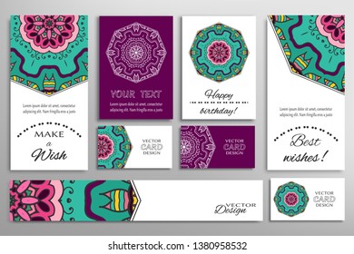 Big set of greeting Cards or wedding Invitations. Postcards template with inscription Make a Wish, Best Wishes, Happy Birthday. Banner, business cards with mandala ornament. Isolated design elements