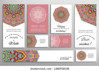 Big set of greeting Cards or wedding Invitations. Postcards template with inscription Make a Wish, Best Wishes, Happy Birthday. Banner, business cards with mandala ornament. Isolated design elements