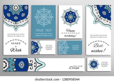 Big set of greeting Cards or wedding Invitations. Postcards template with inscription Make a Wish, Best Wishes, Happy Birthday. Banner, business cards with mandala ornament. Isolated design elements