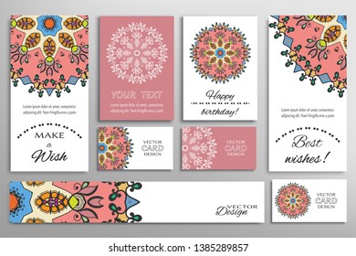 Big set of greeting Cards or wedding Invitations. Postcards template with inscription Make a Wish, Best Wishes, Happy Birthday. Banner, business cards with mandala ornament. Isolated design elements