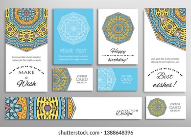 Big set of greeting Cards or wedding Invitations. Postcards template with inscription Make a Wish, Best Wishes, Happy Birthday. Banner, business cards with mandala ornament. Isolated design elements