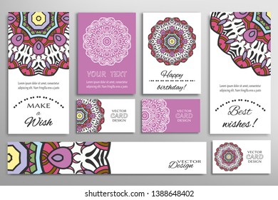 Big set of greeting Cards or wedding Invitations. Postcards template with inscription Make a Wish, Best Wishes, Happy Birthday. Banner, business cards with mandala ornament. Isolated design elements