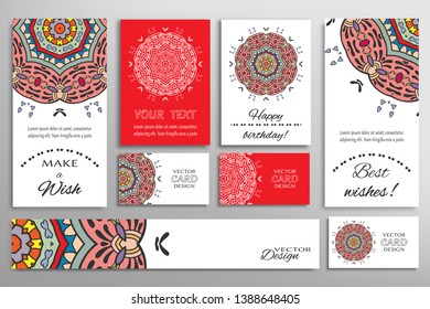 Big set of greeting Cards or wedding Invitations. Postcards template with inscription Make a Wish, Best Wishes, Happy Birthday. Banner, business cards with mandala ornament. Isolated design elements
