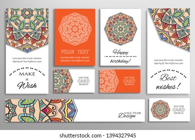 Big set of greeting Cards or wedding Invitations. Postcards template with inscription Make a Wish, Best Wishes, Happy Birthday. Banner, business cards with mandala ornament. Isolated design elements