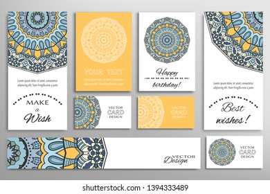 Big set of greeting Cards or wedding Invitations. Postcards template with inscription Make a Wish, Best Wishes, Happy Birthday. Banner, business cards with mandala ornament. Isolated design elements