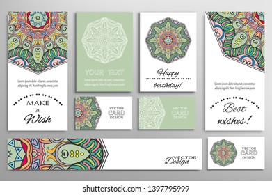 Big set of greeting Cards or wedding Invitations. Postcards template with inscription Make a Wish, Best Wishes, Happy Birthday. Banner, business cards with mandala ornament. Isolated design elements
