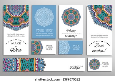 Big set of greeting Cards or wedding Invitations. Postcards template with inscription Make a Wish, Best Wishes, Happy Birthday. Banner, business cards with mandala ornament. Isolated design elements