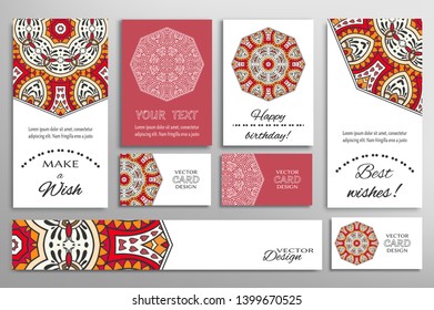 Big set of greeting Cards or wedding Invitations. Postcards template with inscription Make a Wish, Best Wishes, Happy Birthday. Banner, business cards with mandala ornament. Isolated design elements