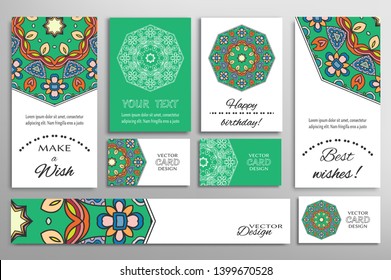 Big set of greeting Cards or wedding Invitations. Postcards template with inscription Make a Wish, Best Wishes, Happy Birthday. Banner, business cards with mandala ornament. Isolated design elements