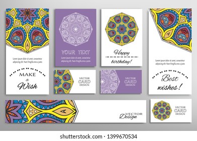 Big set of greeting Cards or wedding Invitations. Postcards template with inscription Make a Wish, Best Wishes, Happy Birthday. Banner, business cards with mandala ornament. Isolated design elements