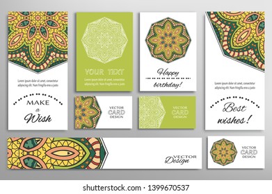 Big set of greeting Cards or wedding Invitations. Postcards template with inscription Make a Wish, Best Wishes, Happy Birthday. Banner, business cards with mandala ornament. Isolated design elements