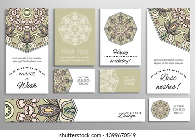 Big set of greeting Cards or wedding Invitations. Postcards template with inscription Make a Wish, Best Wishes, Happy Birthday. Banner, business cards with mandala ornament. Isolated design elements
