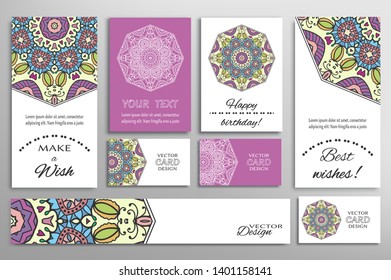 Big set of greeting Cards or wedding Invitations. Postcards template with inscription Make a Wish, Best Wishes, Happy Birthday. Banner, business cards with mandala ornament. Isolated design elements