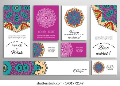 Big set of greeting Cards or wedding Invitations. Postcards template with inscription Make a Wish, Best Wishes, Happy Birthday. Banner, business cards with mandala ornament. Isolated design elements