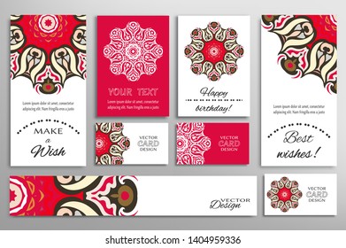 Big set of greeting Cards or wedding Invitations. Postcards template with inscription Make a Wish, Best Wishes, Happy Birthday. Banner, business cards with mandala ornament. Isolated design elements
