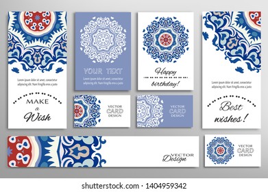 Big set of greeting Cards or wedding Invitations. Postcards template with inscription Make a Wish, Best Wishes, Happy Birthday. Banner, business cards with mandala ornament. Isolated design elements